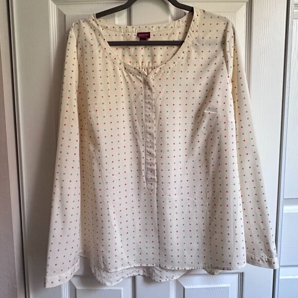 Merona Women's XL Cream w Gray & Orange Polka Dot Long Sleeve Collarless Blouse - Picture 1 of 9